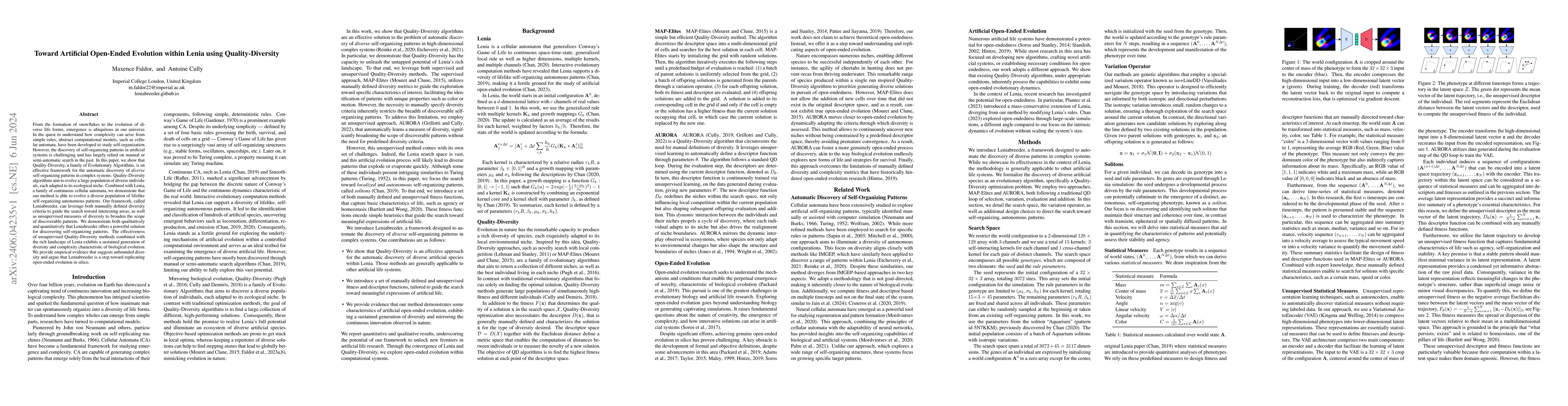Thumbnail for Toward Artificial Open-Ended Evolution within Lenia using
  Quality-Diversity