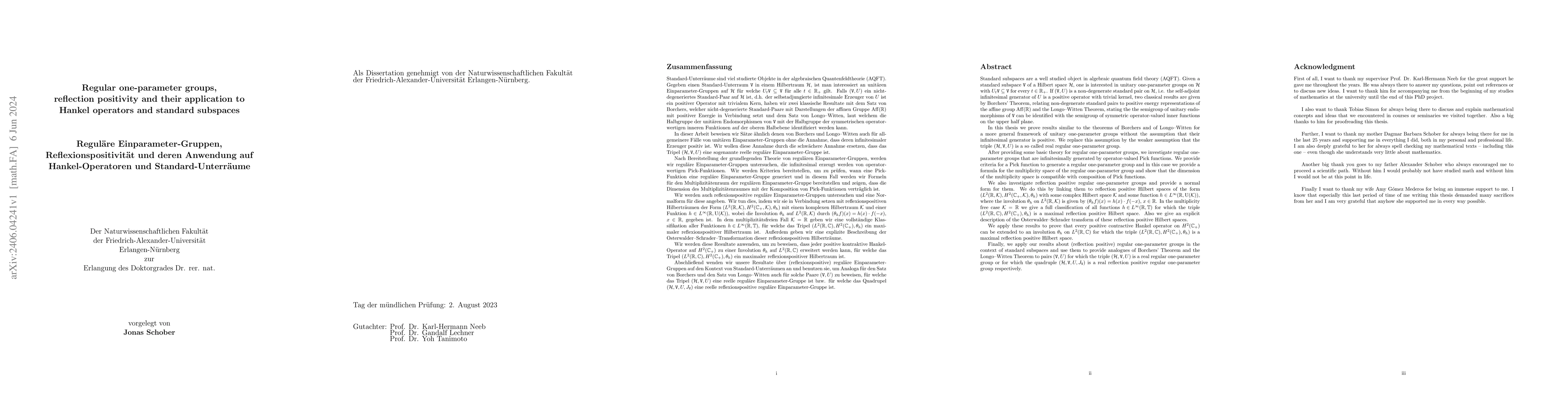 Thumbnail for Regular one-parameter groups, reflection positivity and their
  application to Hankel operators and standard subspaces