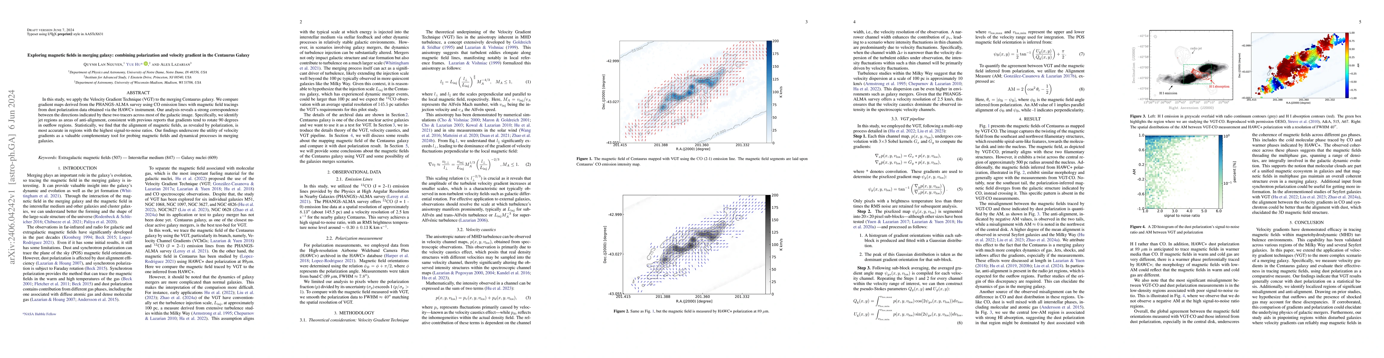 Thumbnail for Exploring magnetic fields in merging galaxy: combining polarization and
  velocity gradient in the Centaurus Galaxy