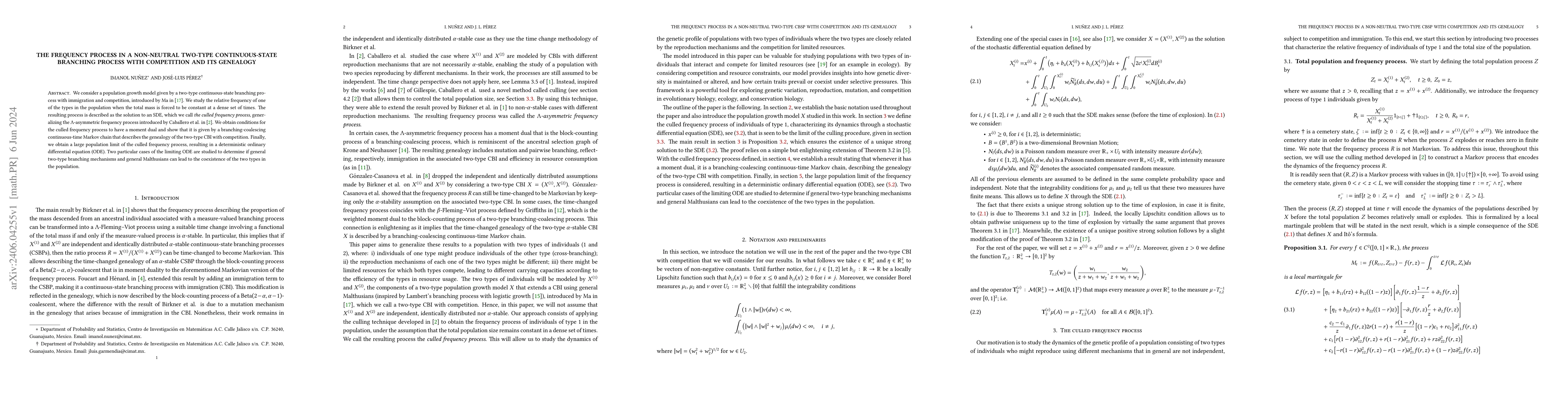 Thumbnail for The frequency process in a non-neutral two-type continuous-state
  branching process with competition and its genealogy