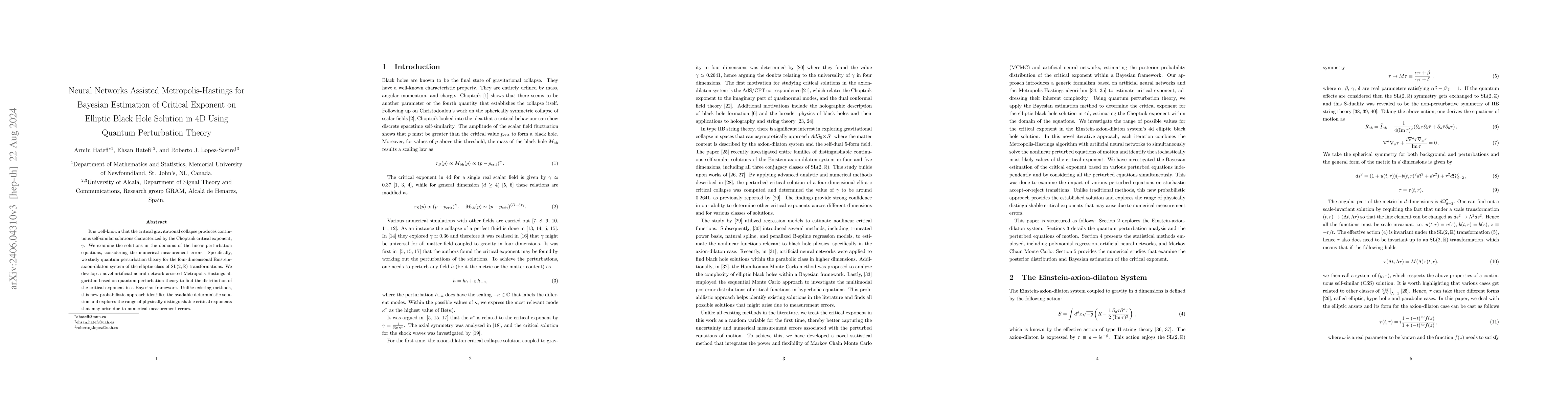 Thumbnail for Neural Networks Assisted Metropolis-Hastings for Bayesian Estimation of
  Critical Exponent on Elliptic Black Hole Solution in 4D Using Quantum
  Perturbation Theory
