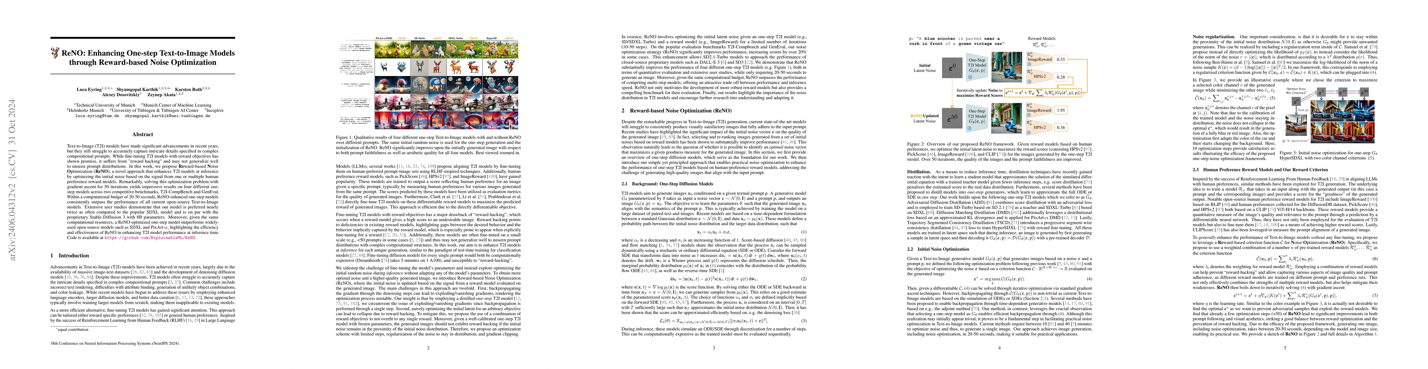 Thumbnail for ReNO: Enhancing One-step Text-to-Image Models through Reward-based Noise
  Optimization