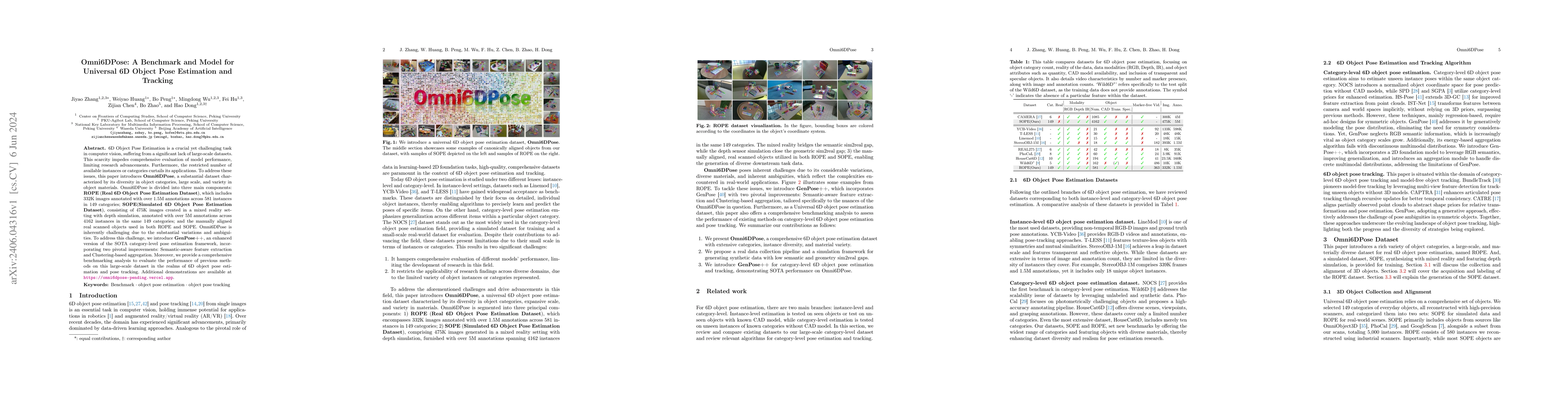 Thumbnail for Omni6DPose: A Benchmark and Model for Universal 6D Object Pose
  Estimation and Tracking