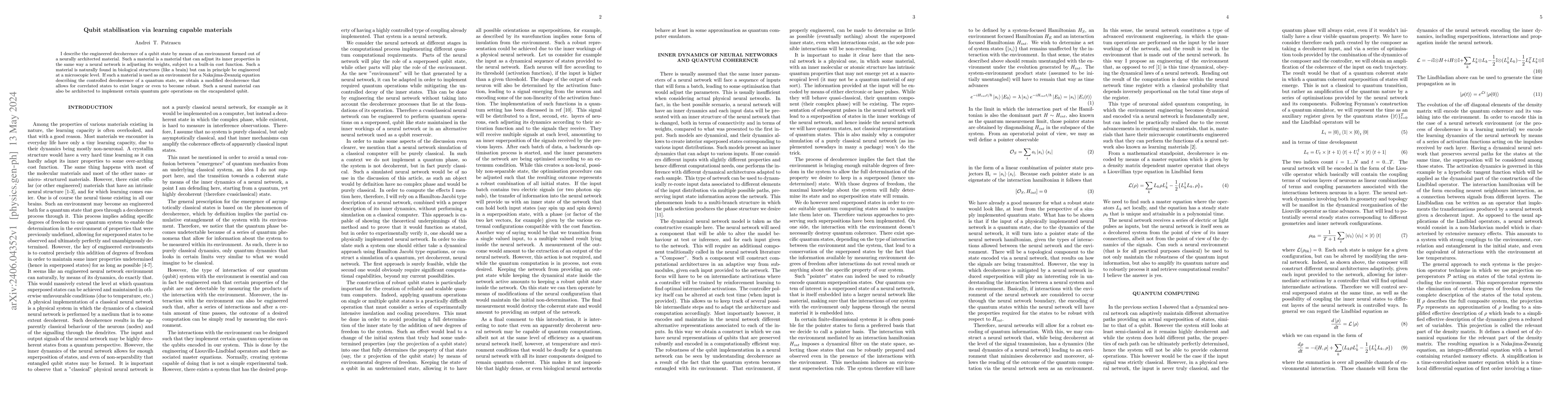 Thumbnail for Qubit stabilisation via learning capable materials