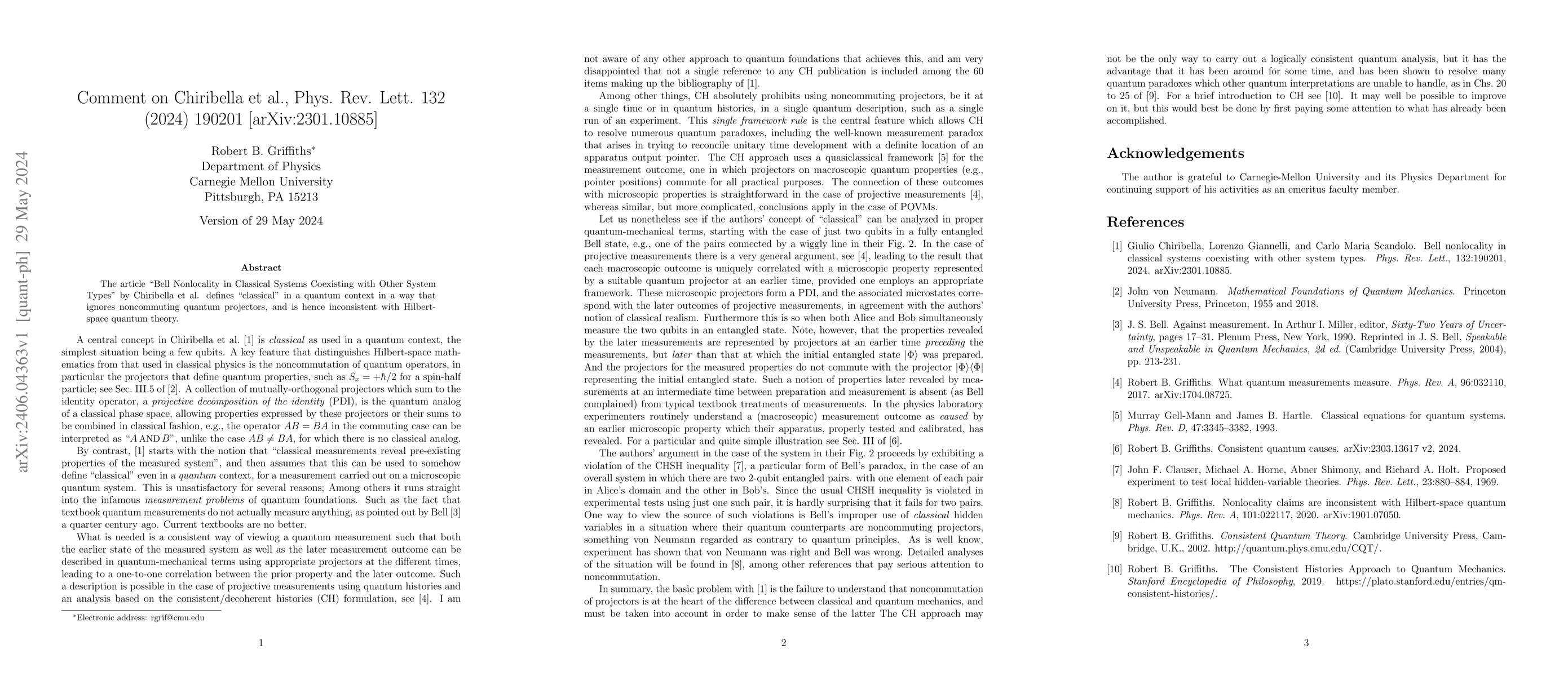 Thumbnail for Comment on Chiribella et al., Phys. Rev. Lett. 132 (2024) 190201,
  arXiv:2301.10885