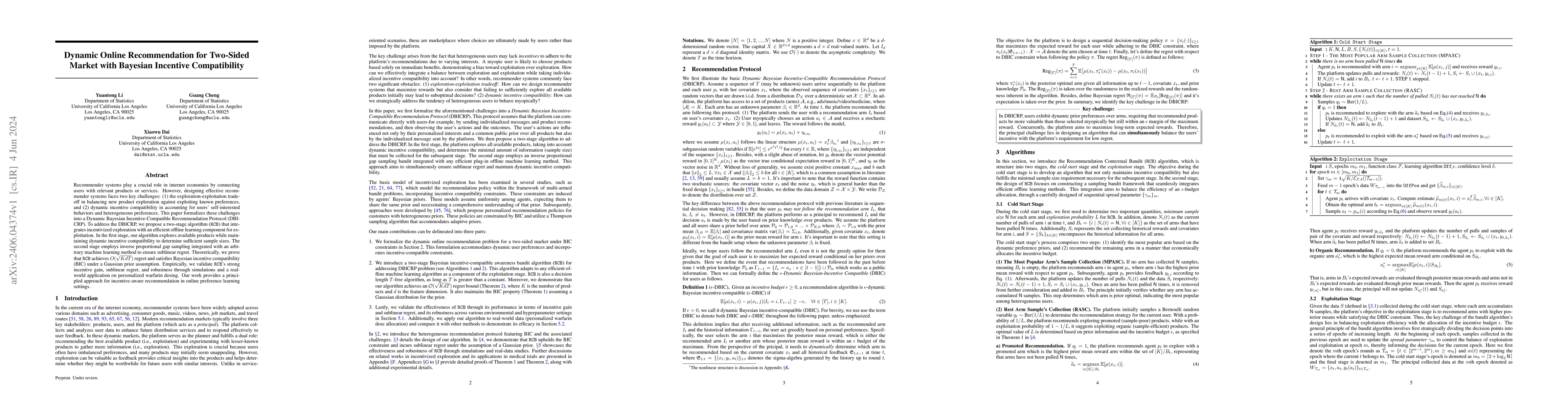 Thumbnail for Dynamic Online Recommendation for Two-Sided Market with Bayesian
  Incentive Compatibility