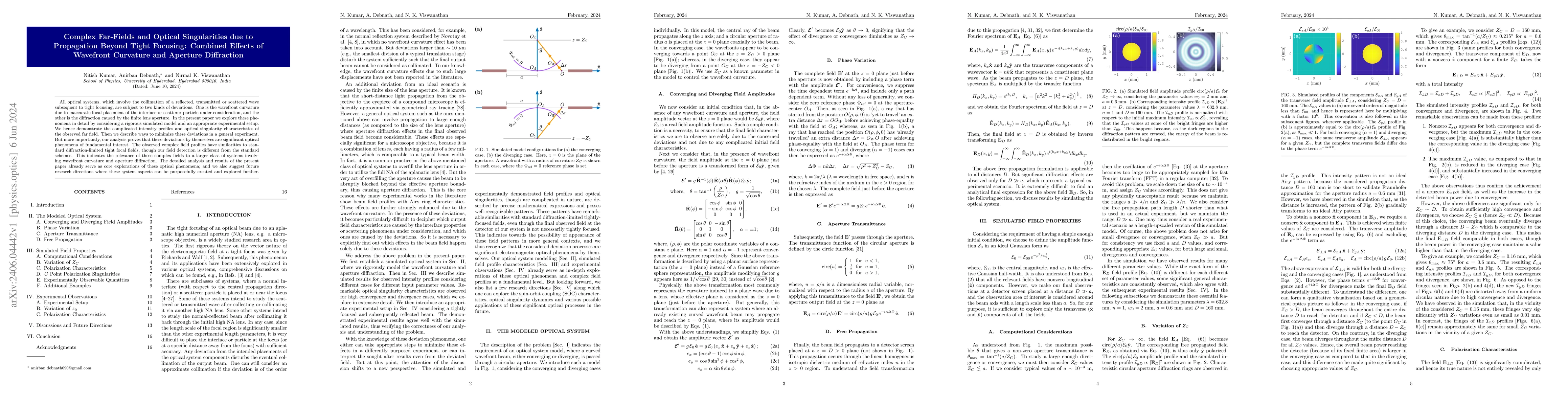 Thumbnail for Complex far fields and optical singularities due to propagation beyond
  tight focusing: combined effects of wavefront curvature and aperture
  diffraction