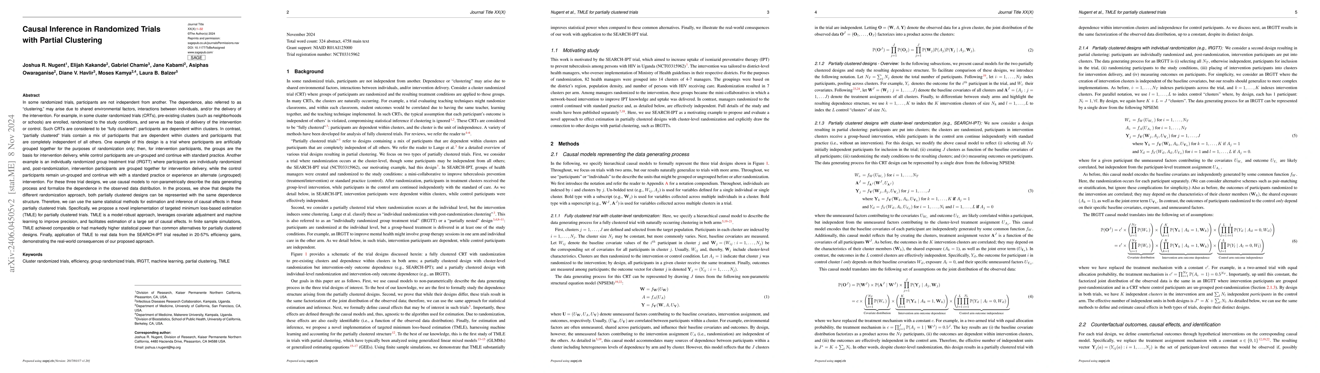 Thumbnail for Causal Inference in Randomized Trials with Partial Clustering and
  Imbalanced Dependence Structures