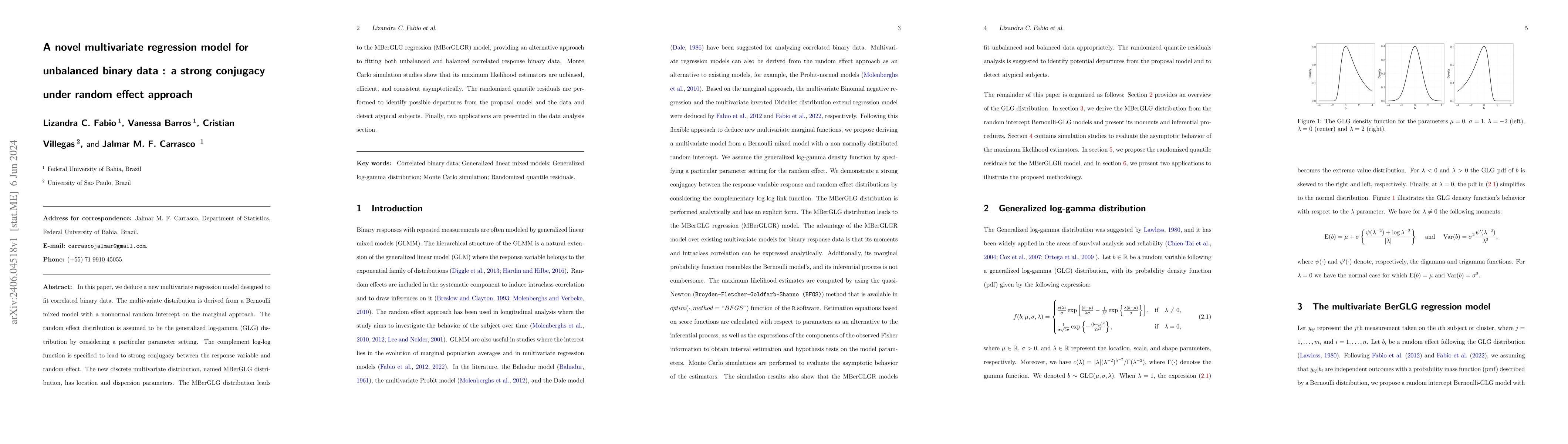 Thumbnail for A novel multivariate regression model for unbalanced binary data : a
  strong conjugacy under random effect approach