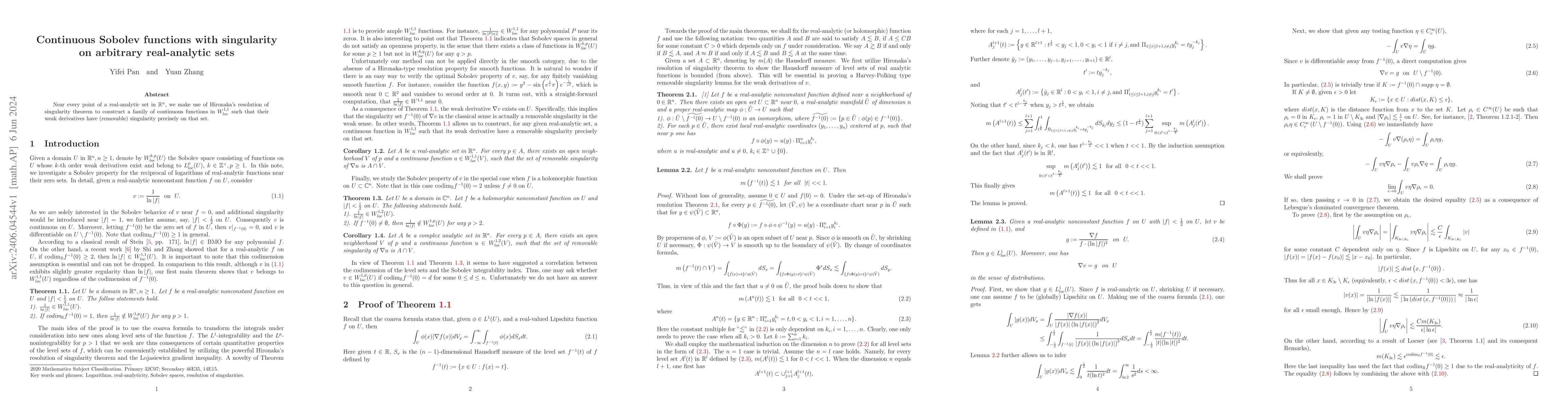 Thumbnail for Continuous Sobolev functions with singularity on arbitrary real-analytic
  sets