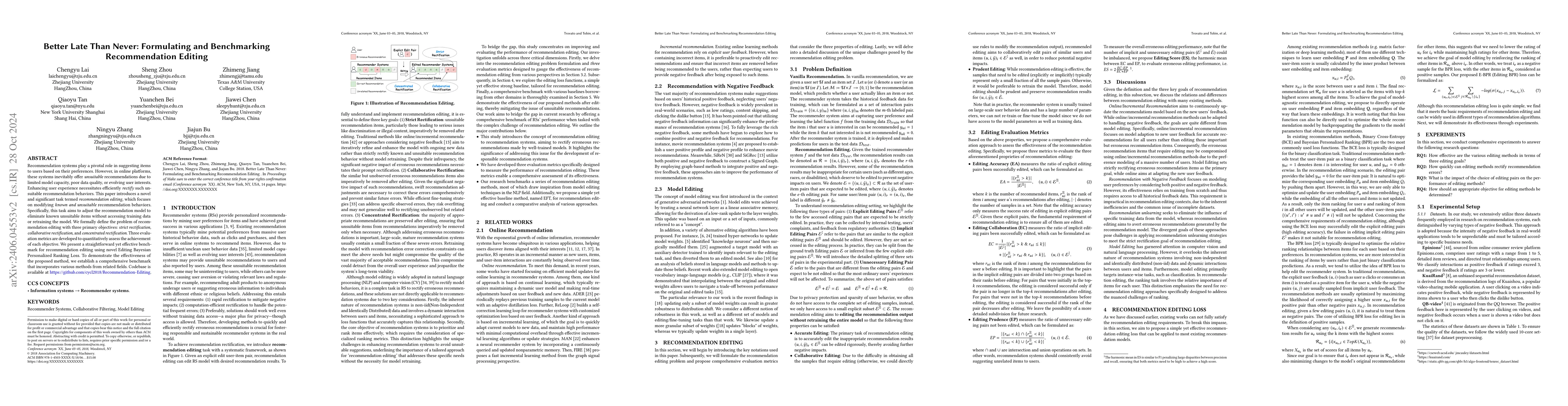 Thumbnail for Better Late Than Never: Formulating and Benchmarking Recommendation
  Editing