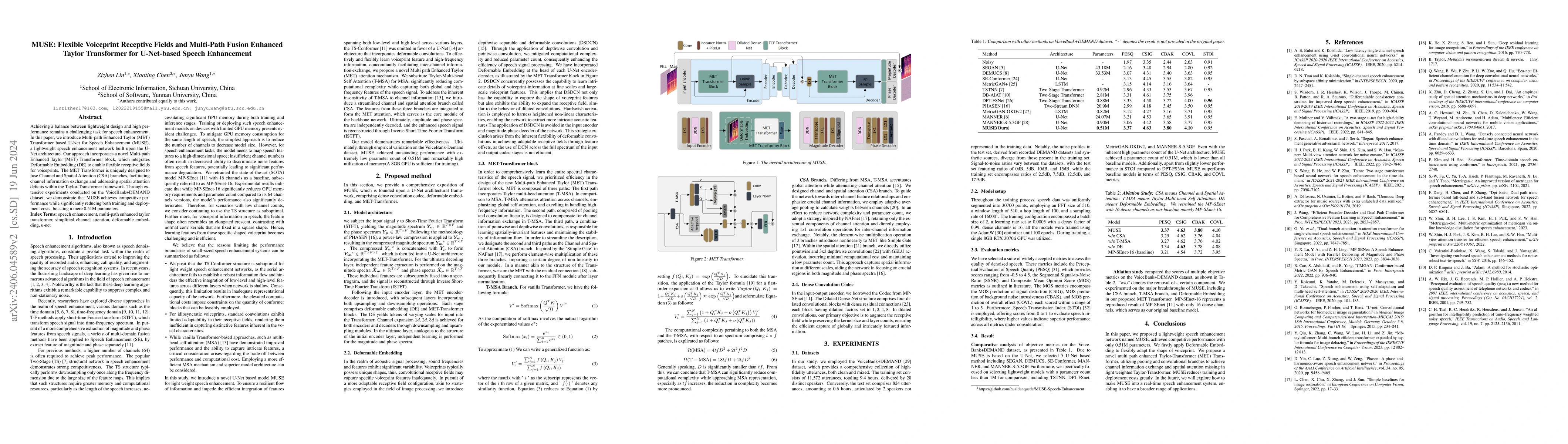 Thumbnail for MUSE: Flexible Voiceprint Receptive Fields and Multi-Path Fusion
  Enhanced Taylor Transformer for U-Net-based Speech Enhancement