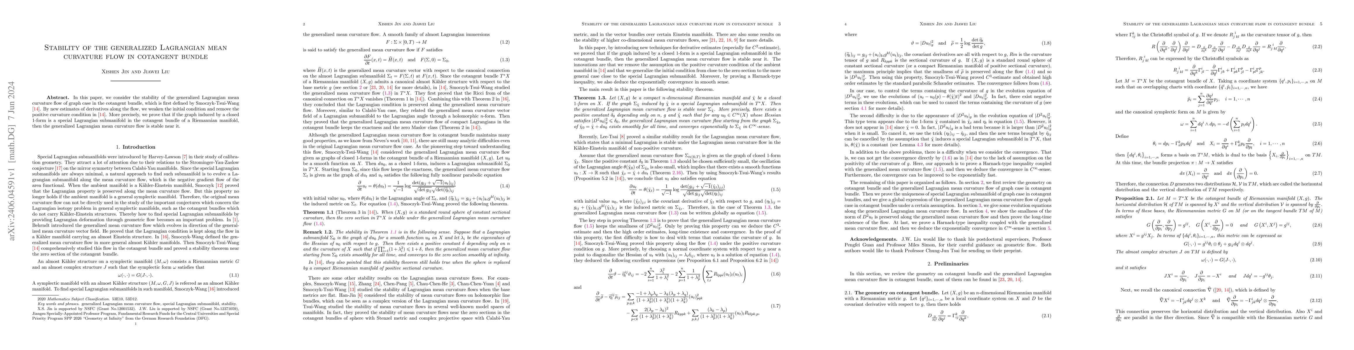 Thumbnail for Stability of the generalized Lagrangian mean curvature flow in cotangent
  bundle