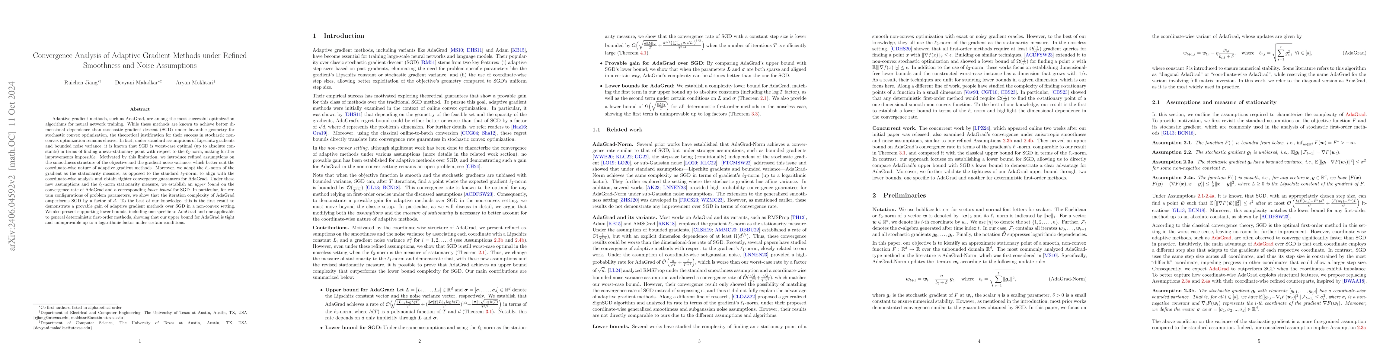 Thumbnail for Convergence Analysis of Adaptive Gradient Methods under Refined
  Smoothness and Noise Assumptions