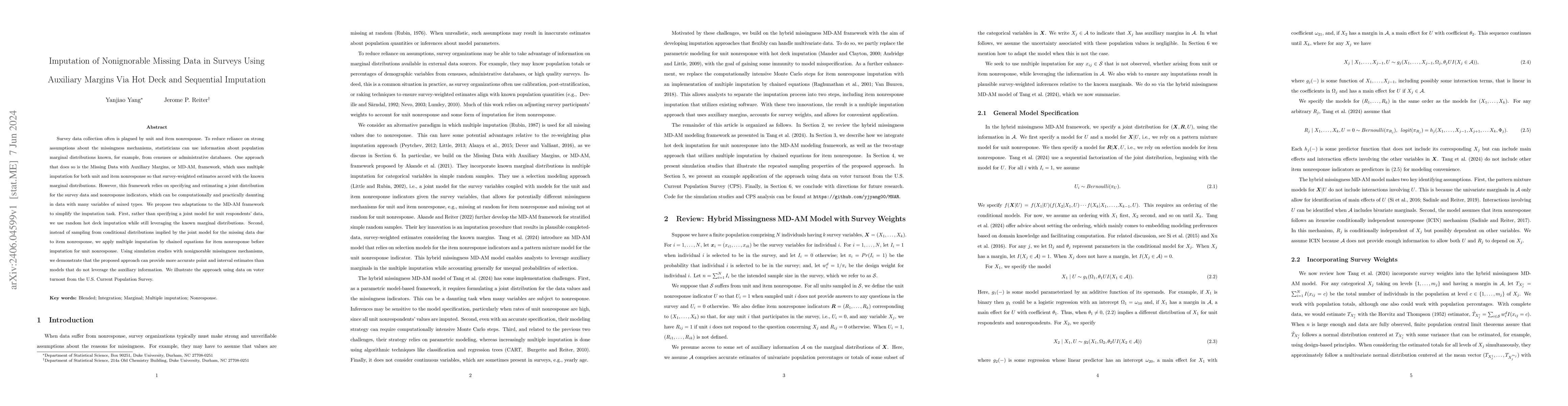 Thumbnail for Imputation of Nonignorable Missing Data in Surveys Using Auxiliary
  Margins Via Hot Deck and Sequential Imputation