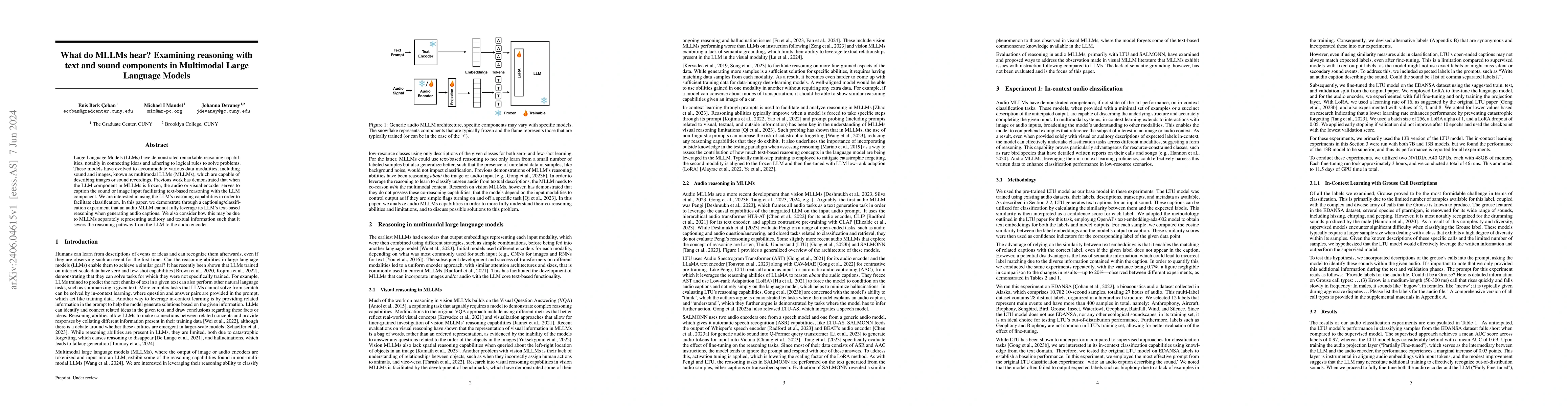 Thumbnail for What do MLLMs hear? Examining reasoning with text and sound components
  in Multimodal Large Language Models
