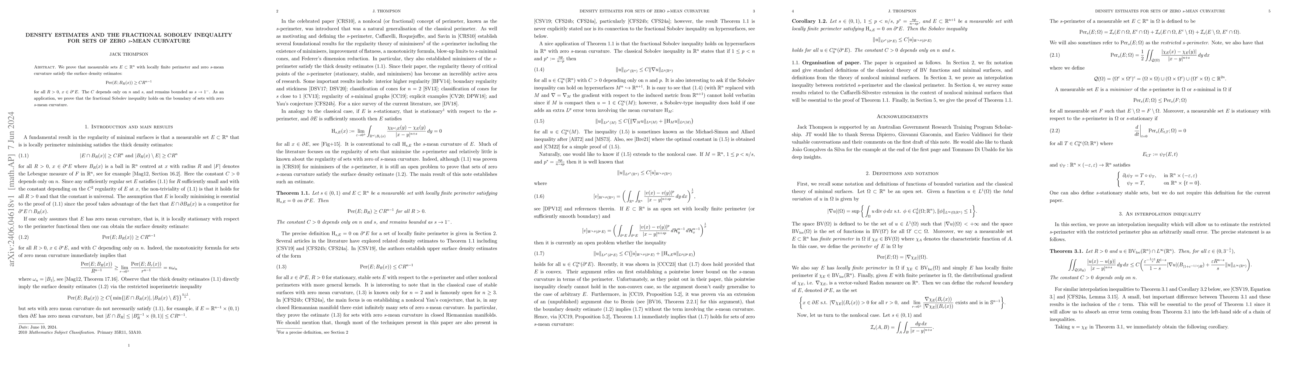 Thumbnail for Density estimates and the fractional Sobolev inequality for sets of zero
  $s$-mean curvature