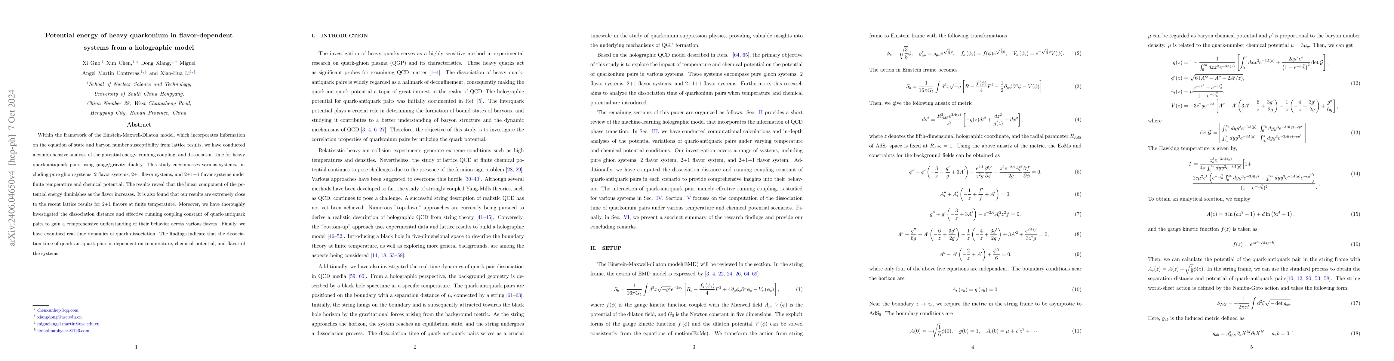 Thumbnail for The Potential Energy of Heavy Quarkonium in Flavor-Dependent Systems
  from a Holographic Model