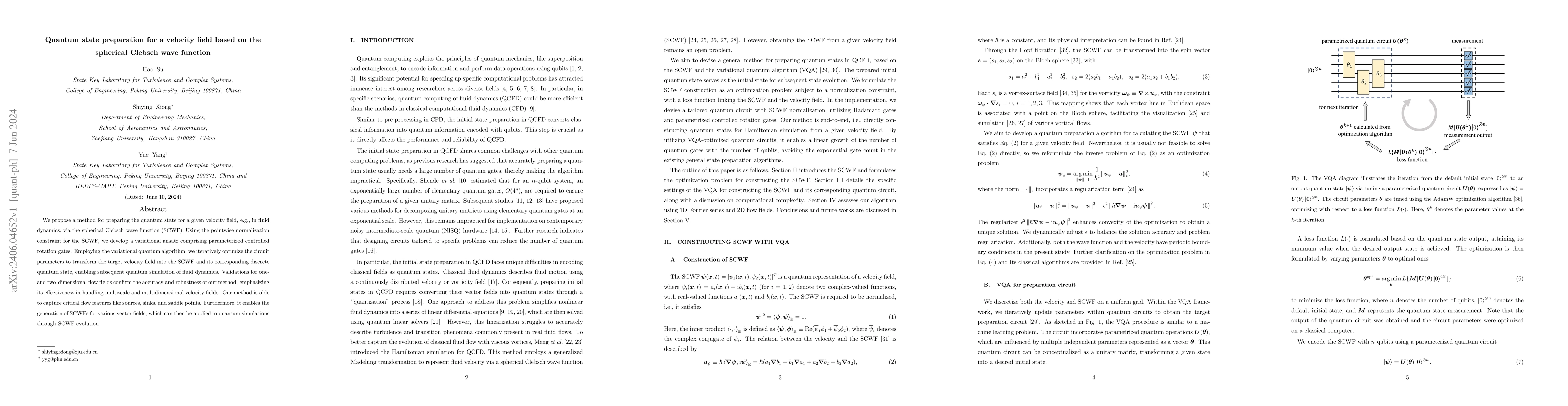 Thumbnail for Quantum state preparation for a velocity field based on the spherical
  Clebsch wave function