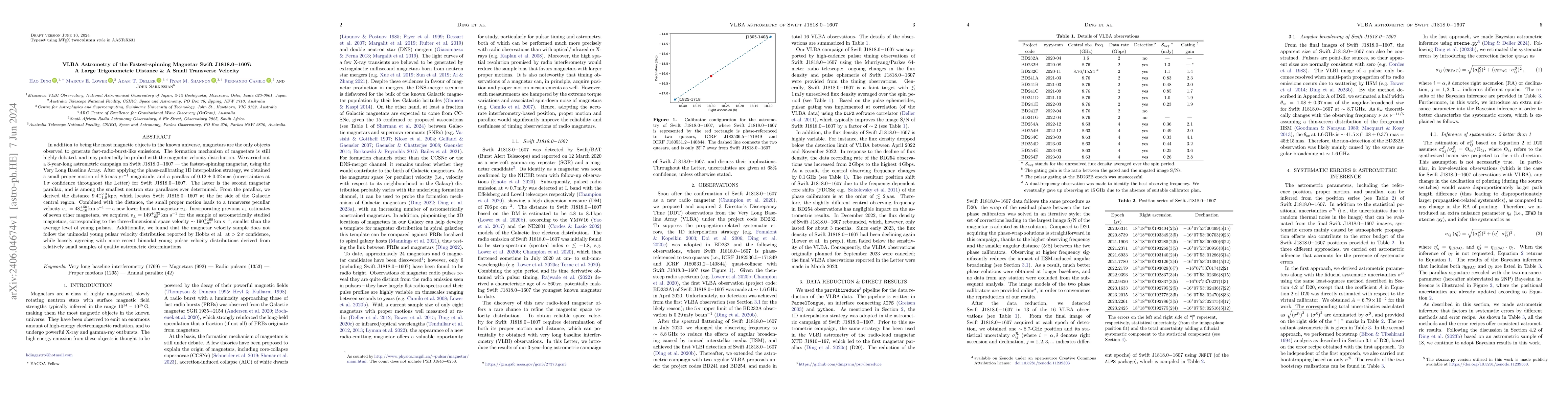 Thumbnail for VLBA Astrometry of the Fastest-spinning Magnetar Swift J1818.0-1607: A
  Large Trigonometric Distance & A Small Transverse Velocity