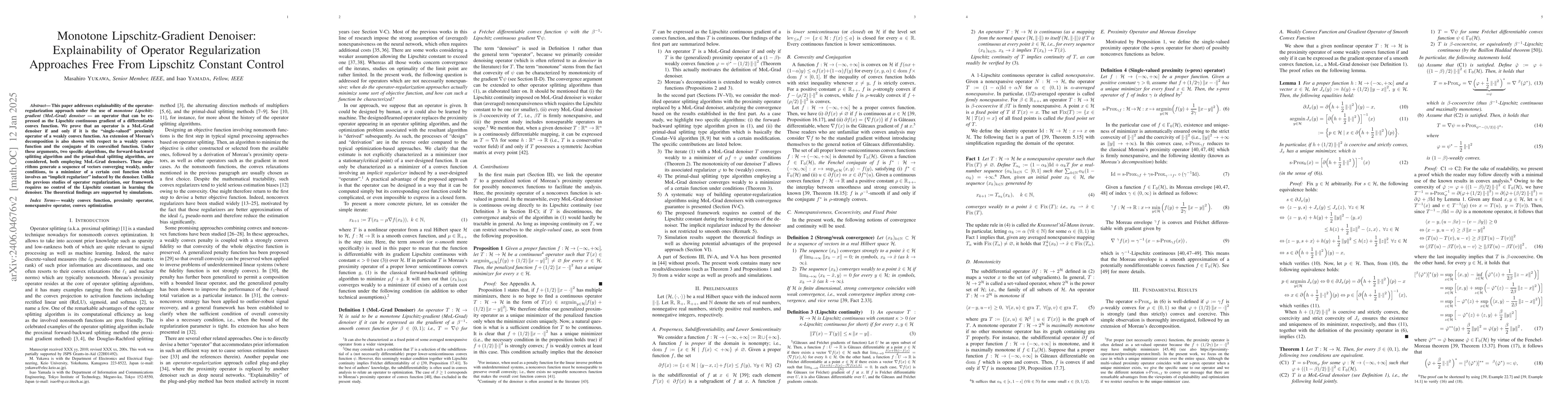 Thumbnail for Monotone Lipschitz-Gradient Denoiser: Explainability of Operator
  Regularization Approaches and Convergence to Optimal Point