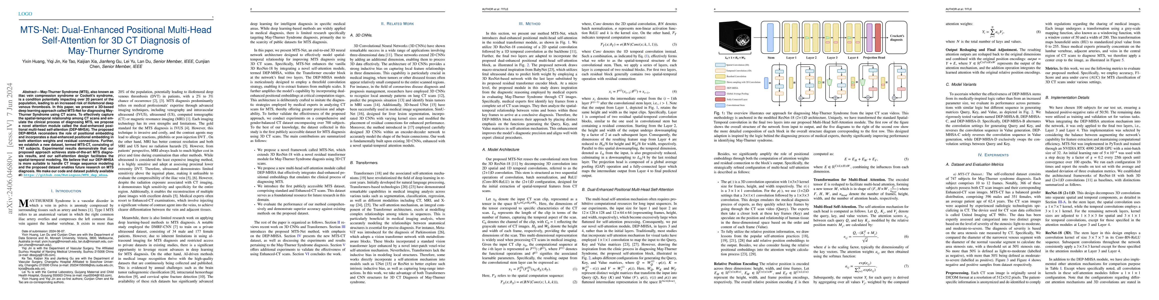 Thumbnail for MTS-Net: Dual-Enhanced Positional Multi-Head Self-Attention for 3D CT
  Diagnosis of May-Thurner Syndrome