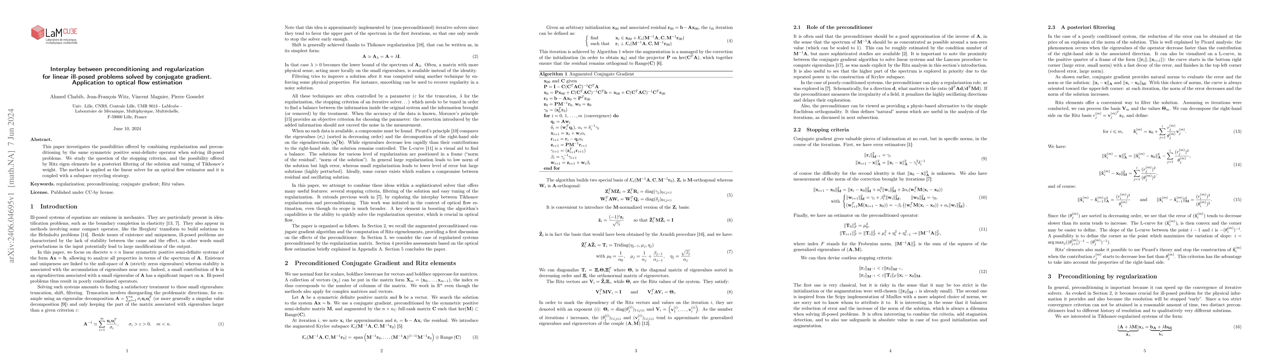Thumbnail for Interplay between preconditioning and regularization for linear
  ill-posed problems solved by conjugate gradient. Application to optical flow
  estimation