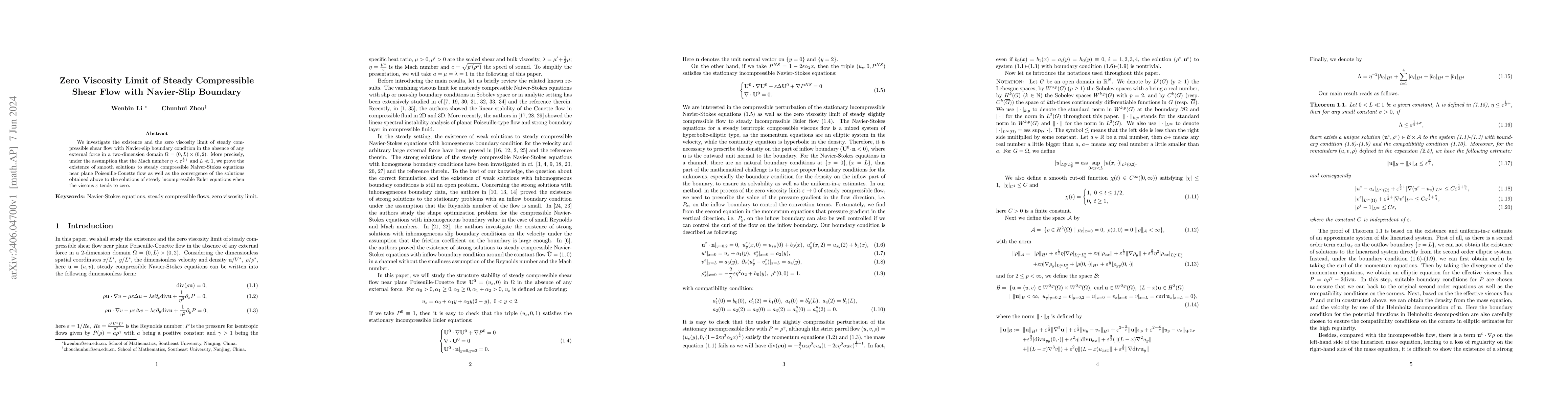 Thumbnail for Zero Viscosity Limit of Steady Compressible Shear Flow with Navier-Slip
  Boundary