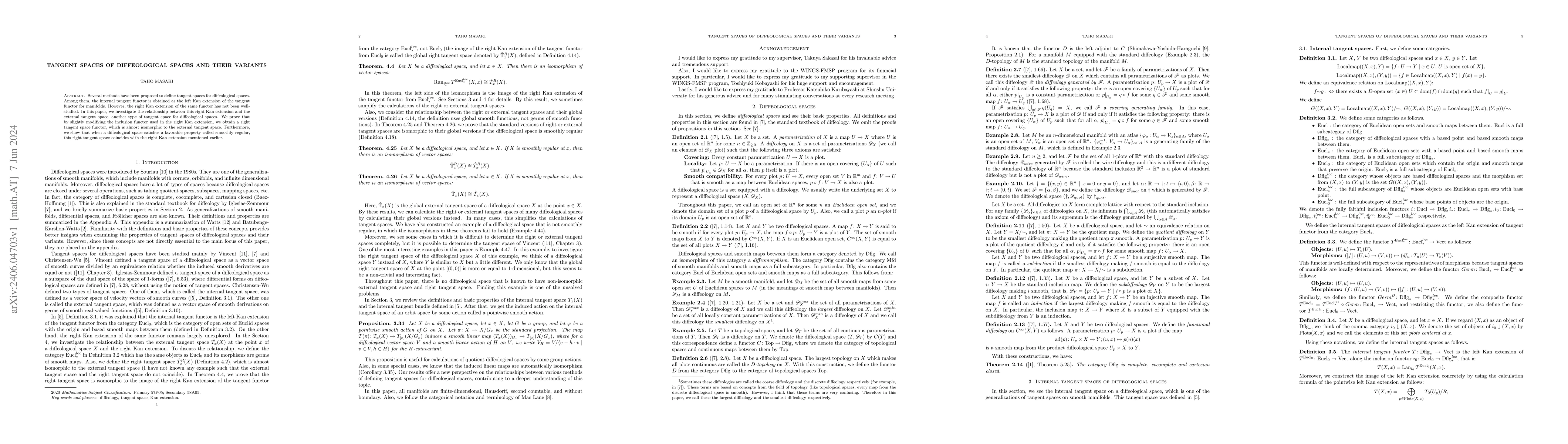 Thumbnail for Tangent spaces of diffeological spaces and their variants