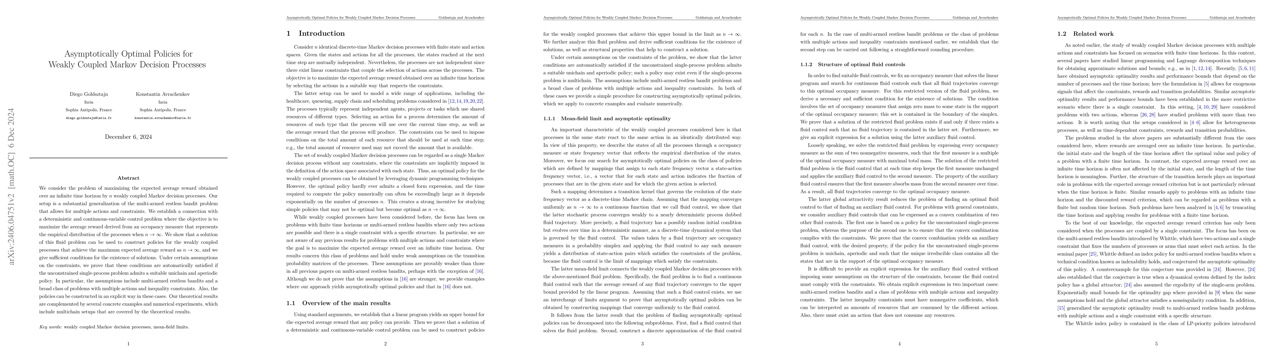 Thumbnail for Asymptotically Optimal Policies for Weakly Coupled Markov Decision
  Processes