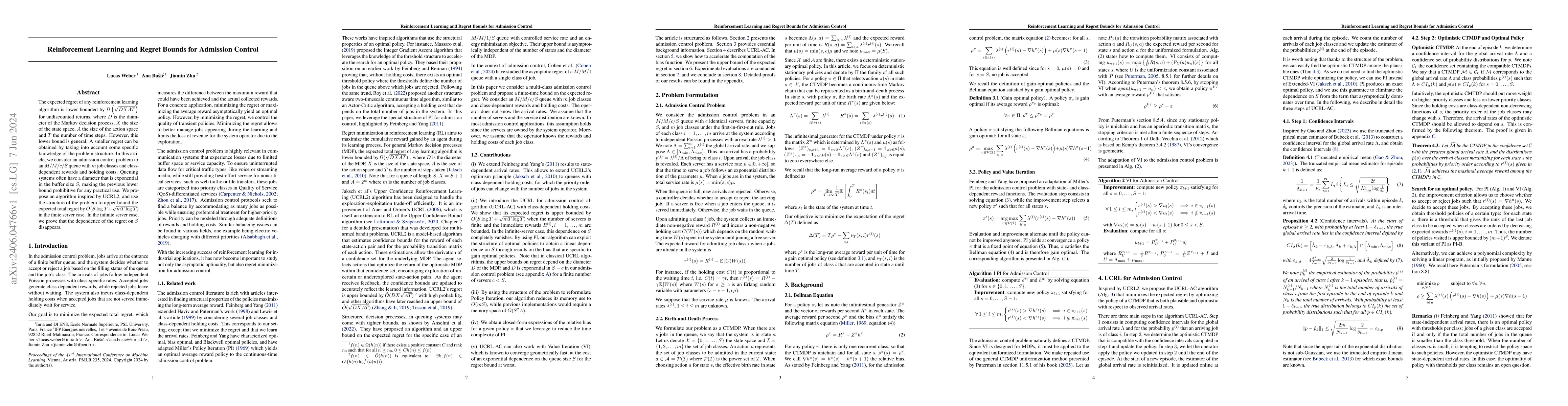 Thumbnail for Reinforcement Learning and Regret Bounds for Admission Control