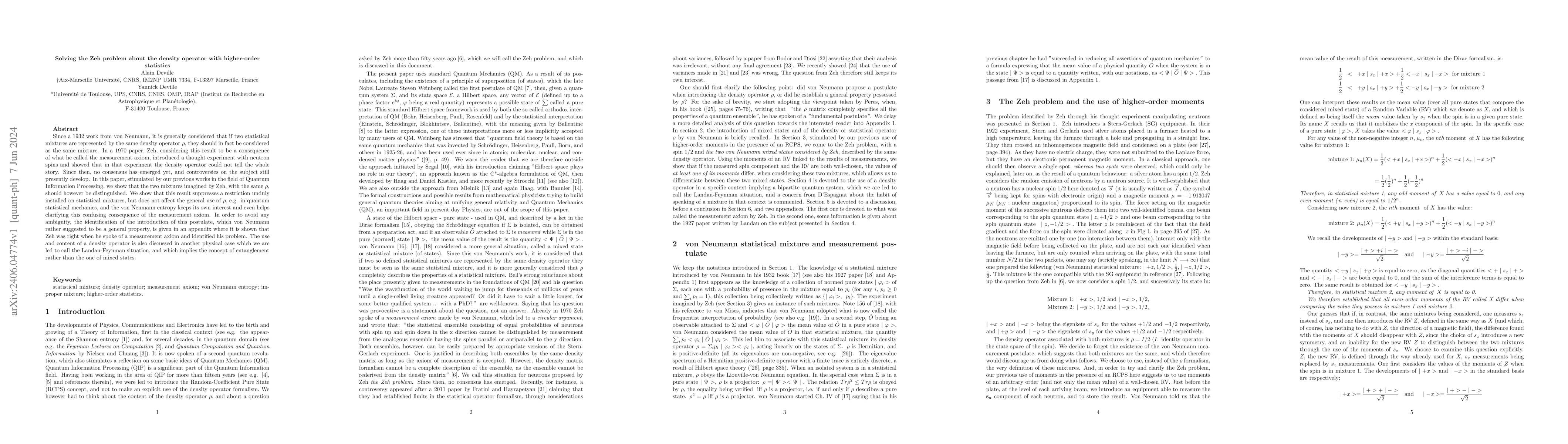 Thumbnail for Solving the Zeh problem about the density operator with higher-order
  statistics