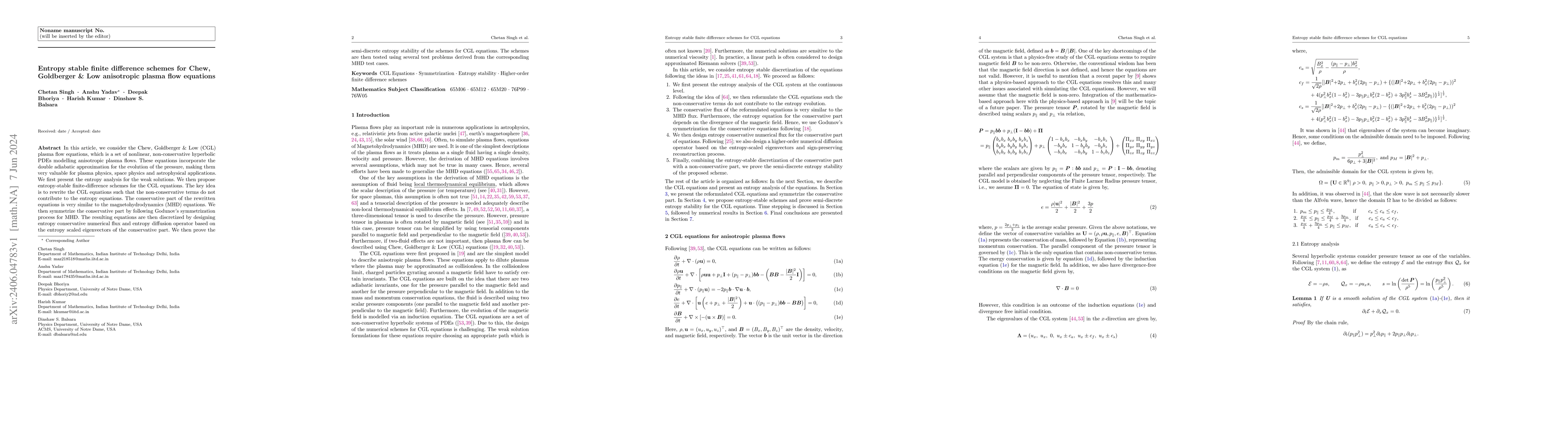 Thumbnail for Entropy stable finite difference schemes for Chew, Goldberger & Low
  anisotropic plasma flow equations