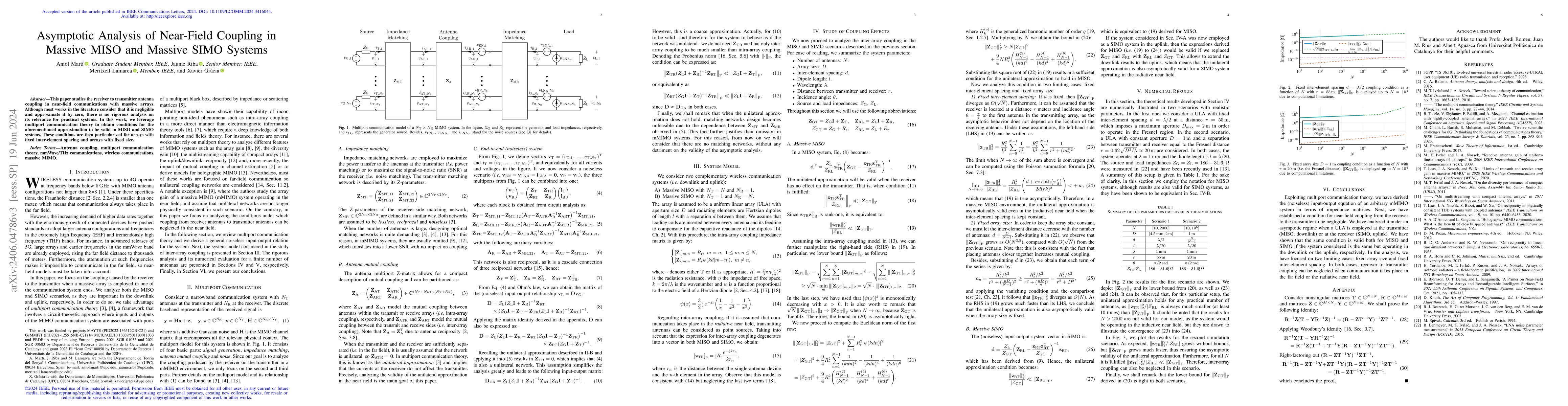 Thumbnail for Asymptotic Analysis of Near-Field Coupling in Massive MISO and Massive
  SIMO Systems