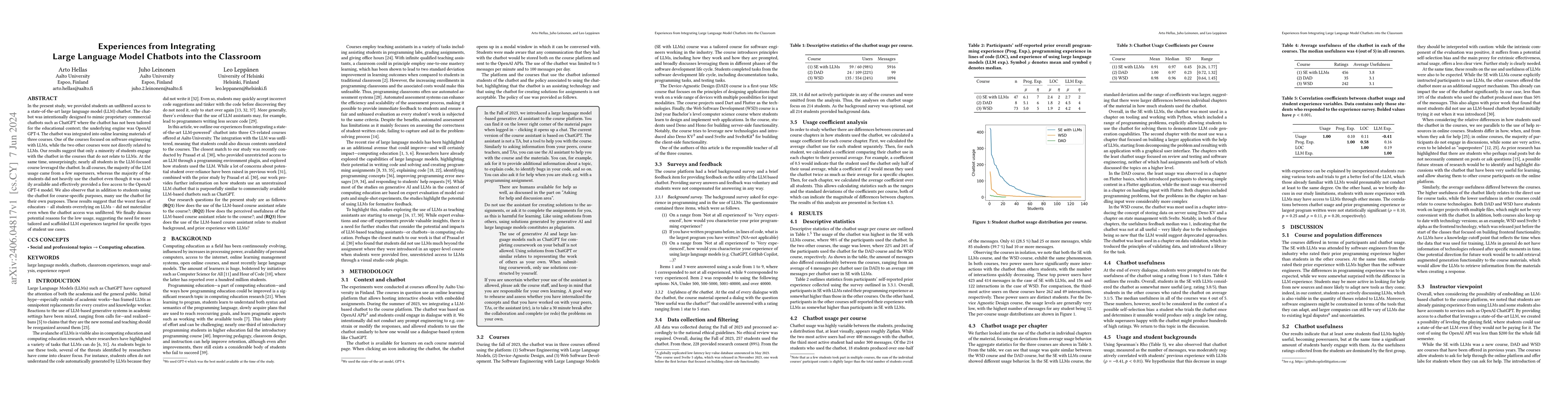 Thumbnail for Experiences from Integrating Large Language Model Chatbots into the
  Classroom