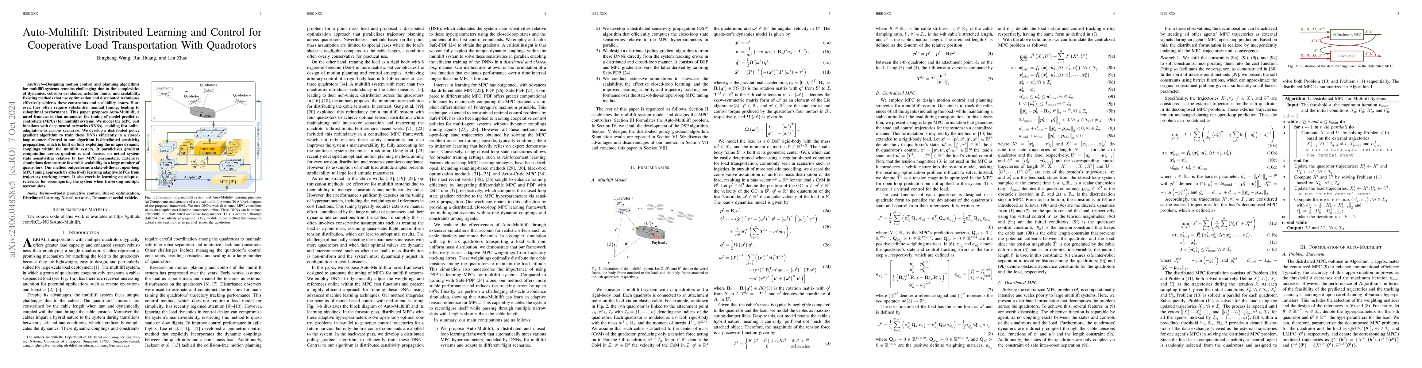 Thumbnail for Auto-Multilift: Distributed Learning and Control for Cooperative Load
  Transportation With Quadrotors