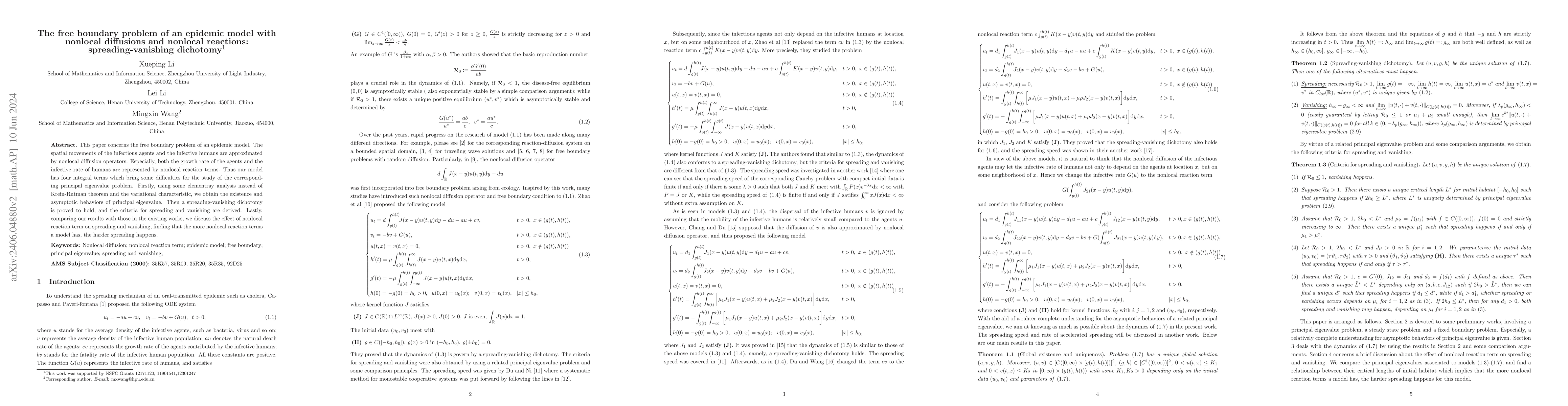 Thumbnail for The free boundary problem of an epidemic model with nonlocal diffusions
  and nonlocal reactions: spreading-vanishing dichotomy