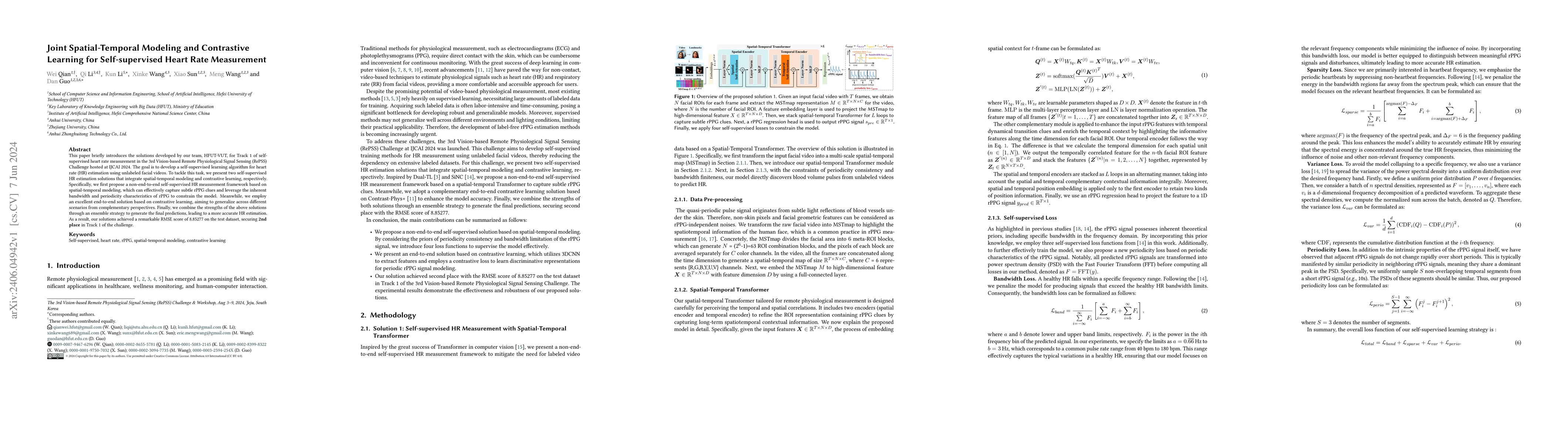 Thumbnail for Joint Spatial-Temporal Modeling and Contrastive Learning for
  Self-supervised Heart Rate Measurement