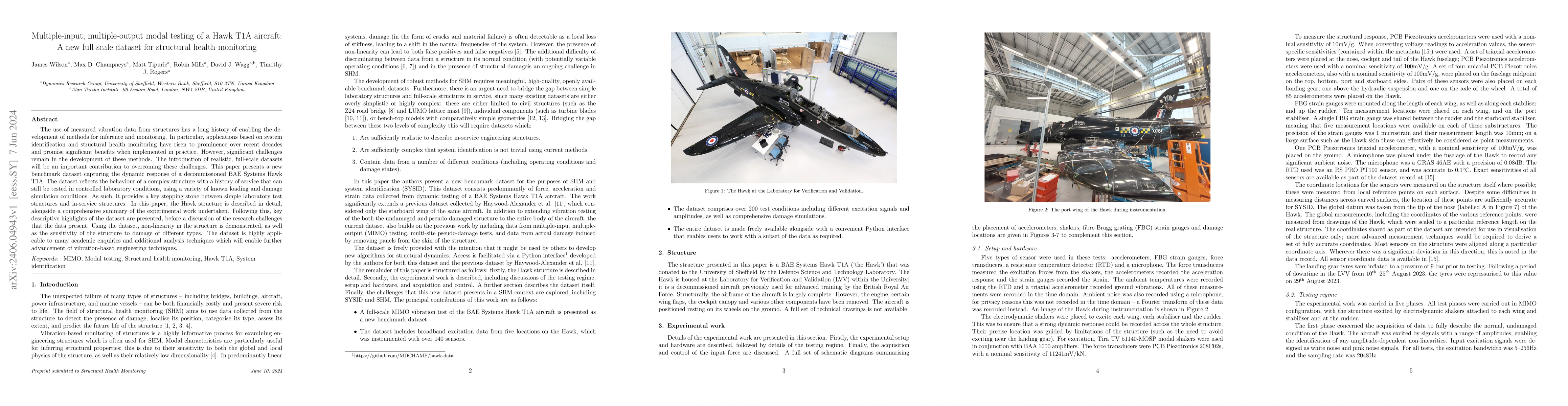 Thumbnail for Multiple-input, multiple-output modal testing of a Hawk T1A aircraft: A
  new full-scale dataset for structural health monitoring