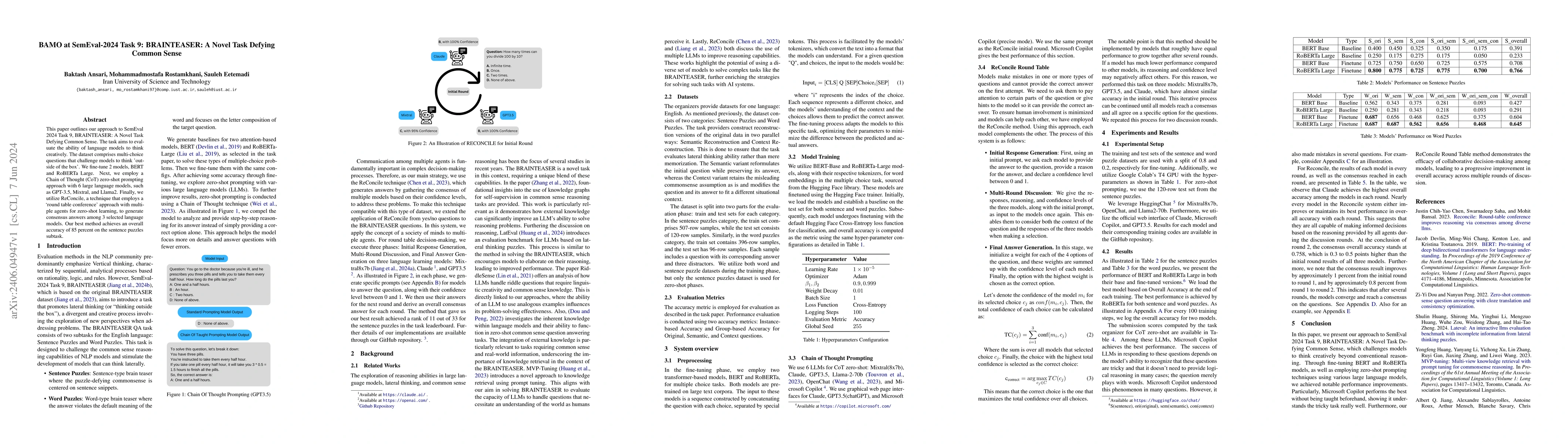 Thumbnail for BAMO at SemEval-2024 Task 9: BRAINTEASER: A Novel Task Defying Common
  Sense