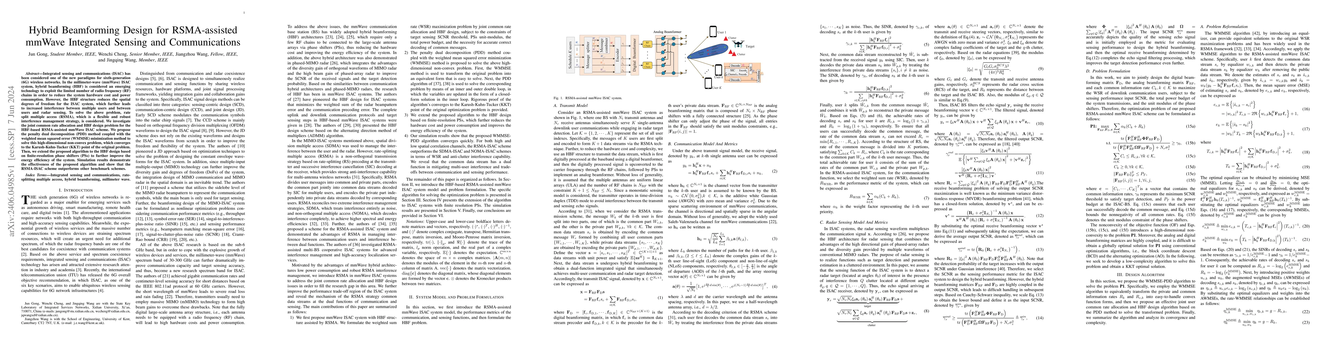 Thumbnail for Hybrid Beamforming Design for RSMA-assisted mmWave Integrated Sensing
  and Communications