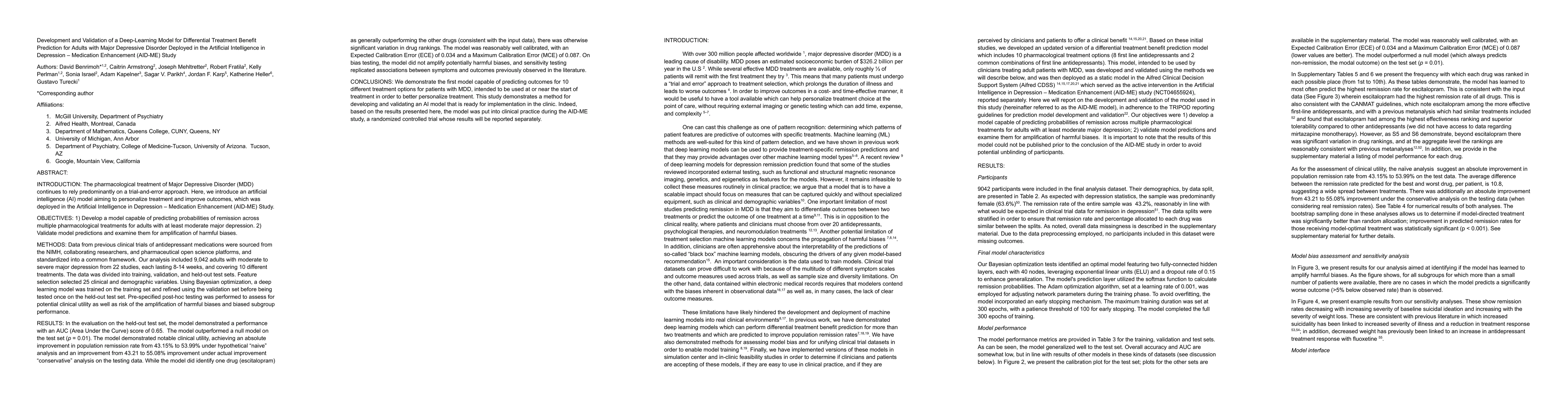 Thumbnail for Development and Validation of a Deep-Learning Model for Differential
  Treatment Benefit Prediction for Adults with Major Depressive Disorder
  Deployed in the Artificial Intelligence in Depression Medication Enhancement
  (AIDME) Study