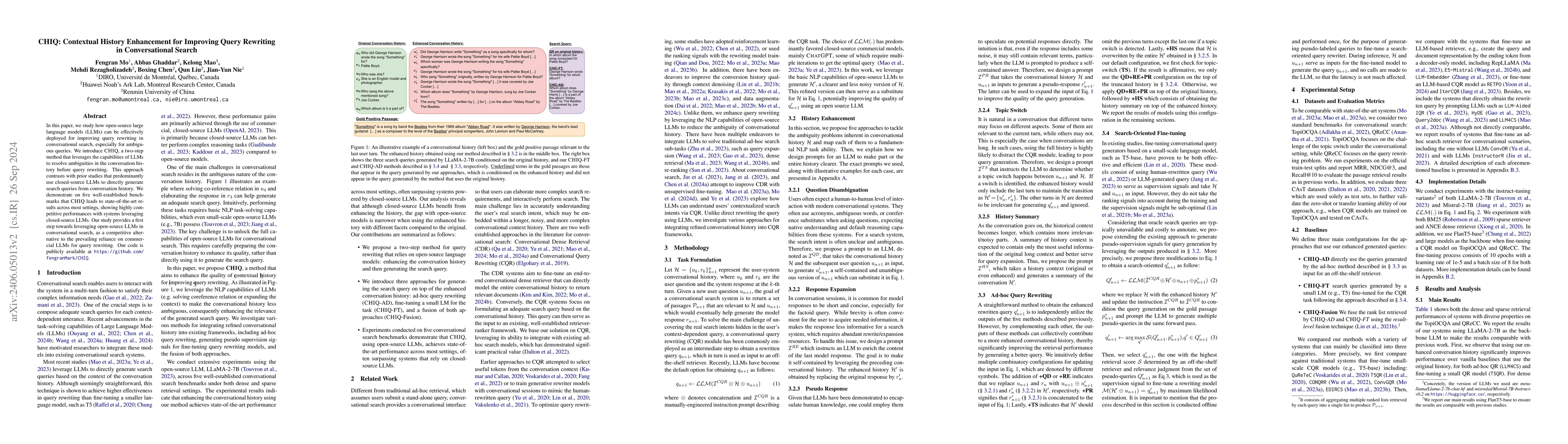 Thumbnail for CHIQ: Contextual History Enhancement for Improving Query Rewriting in
  Conversational Search