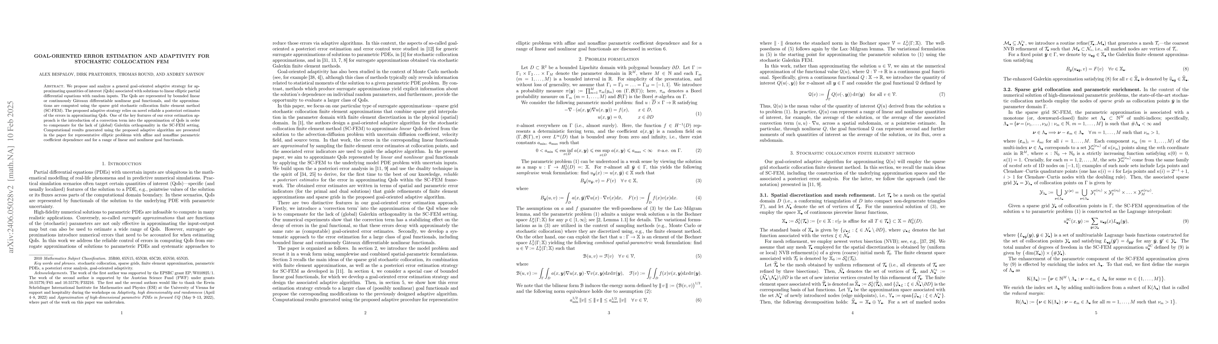 Thumbnail for Goal-Oriented Error Estimation and Adaptivity for Stochastic Collocation
  FEM