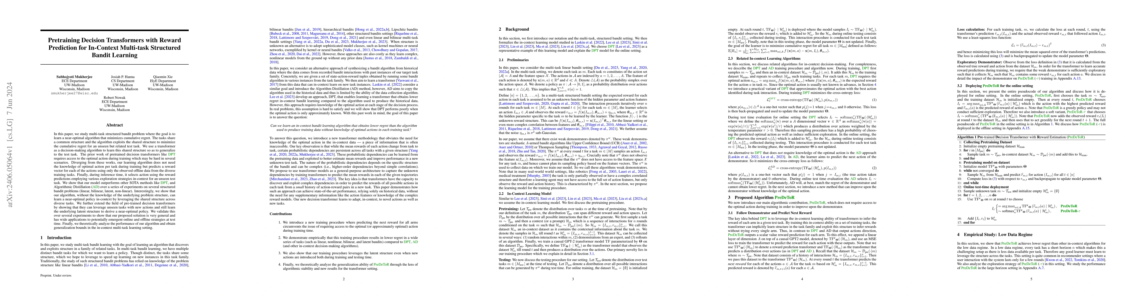 Thumbnail for Pretraining Decision Transformers with Reward Prediction for In-Context
  Multi-task Structured Bandit Learning