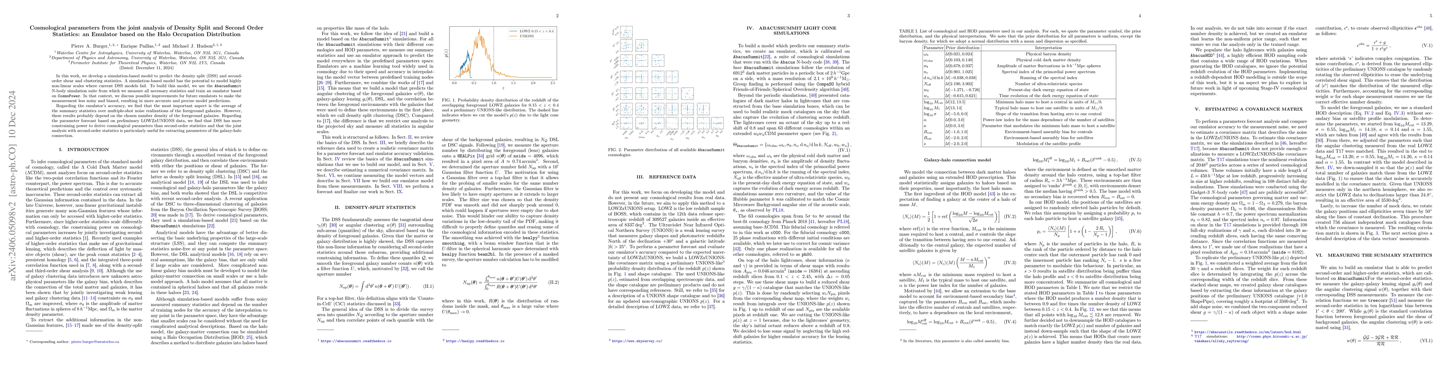 Thumbnail for Cosmological parameters from the joint analysis of Density Split and
  Second Order Statistics: an Emulator based on the Halo Occupation
  Distribution