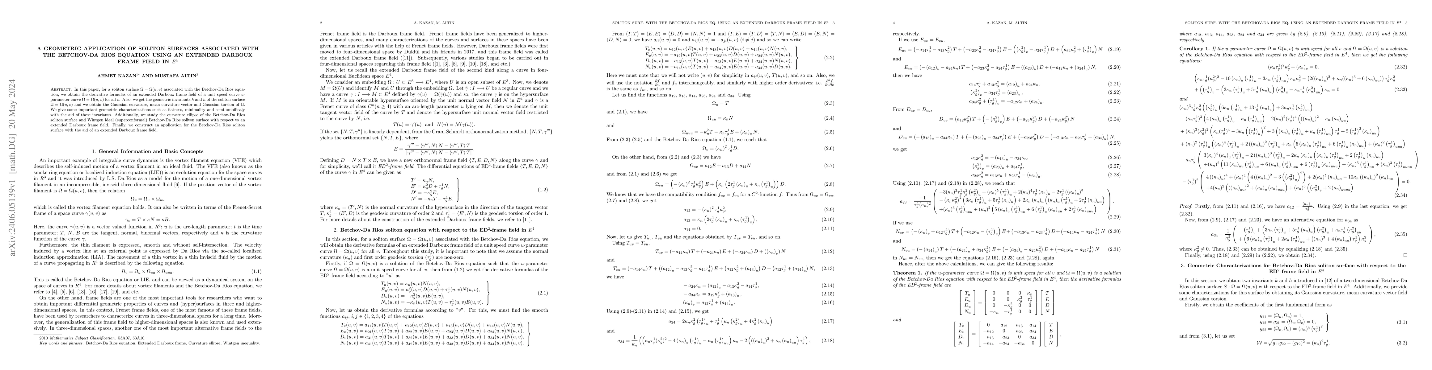 Thumbnail for A Geometric Application of Soliton Surfaces associated with the
  Betchov-Da Rios Equation using an Extended Darboux Frame Field in $E^{4}$