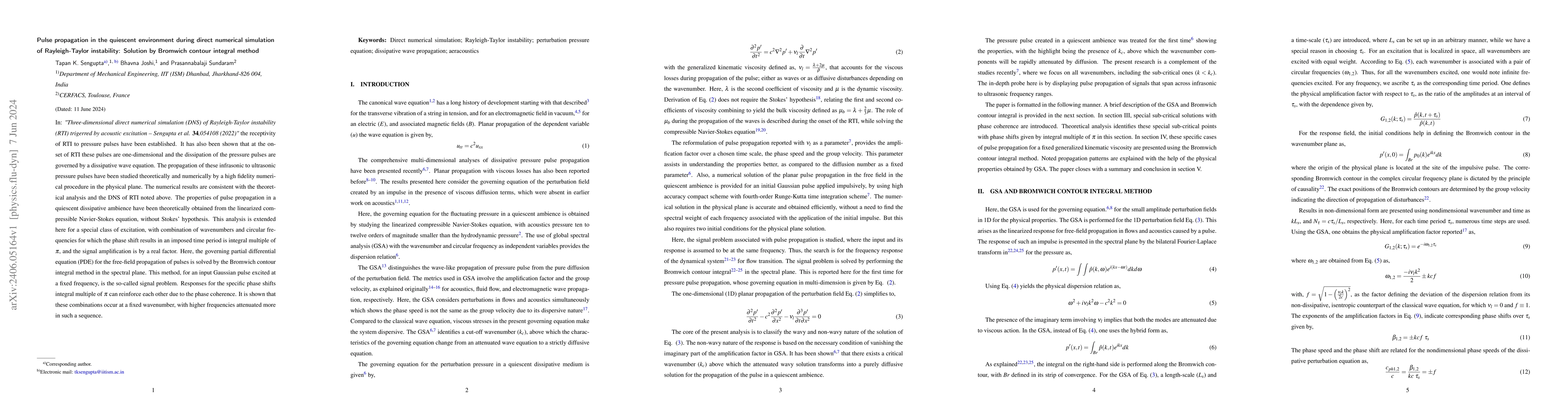 Thumbnail for Pulse propagation in the quiescent environment during direct numerical
  simulation of Rayleigh-Taylor instability: Solution by Bromwich contour
  integral method