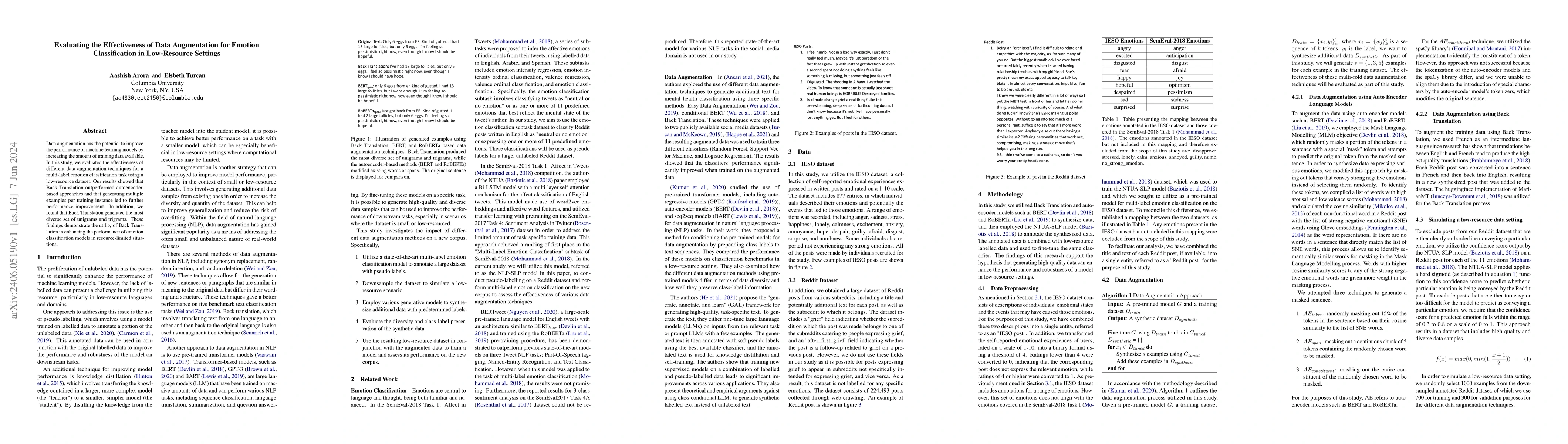 Thumbnail for Evaluating the Effectiveness of Data Augmentation for Emotion
  Classification in Low-Resource Settings