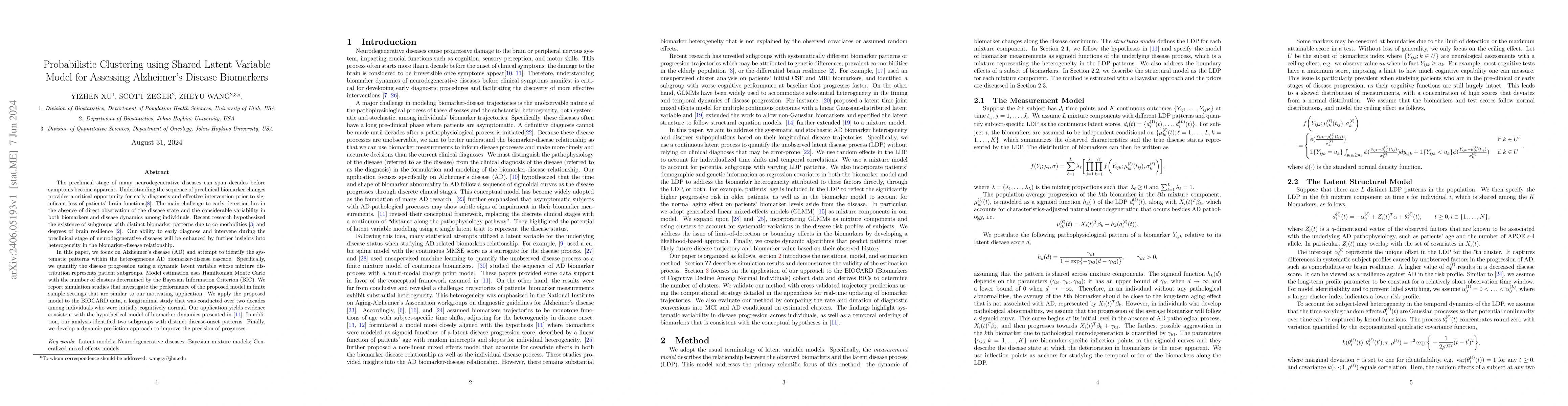 Thumbnail for Probabilistic Clustering using Shared Latent Variable Model for
  Assessing Alzheimers Disease Biomarkers